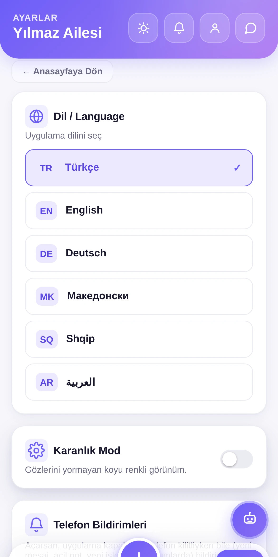 esfamOS ayarlar ekranı